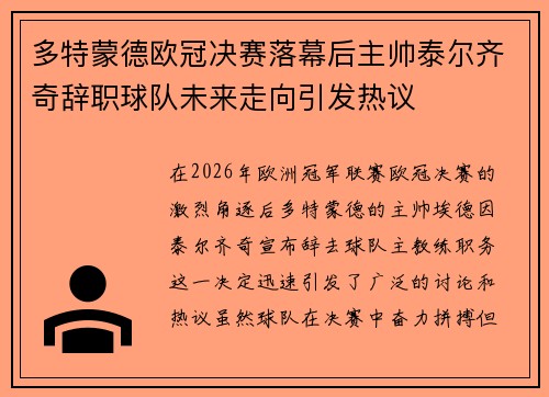 多特蒙德欧冠决赛落幕后主帅泰尔齐奇辞职球队未来走向引发热议