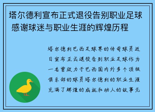 塔尔德利宣布正式退役告别职业足球 感谢球迷与职业生涯的辉煌历程